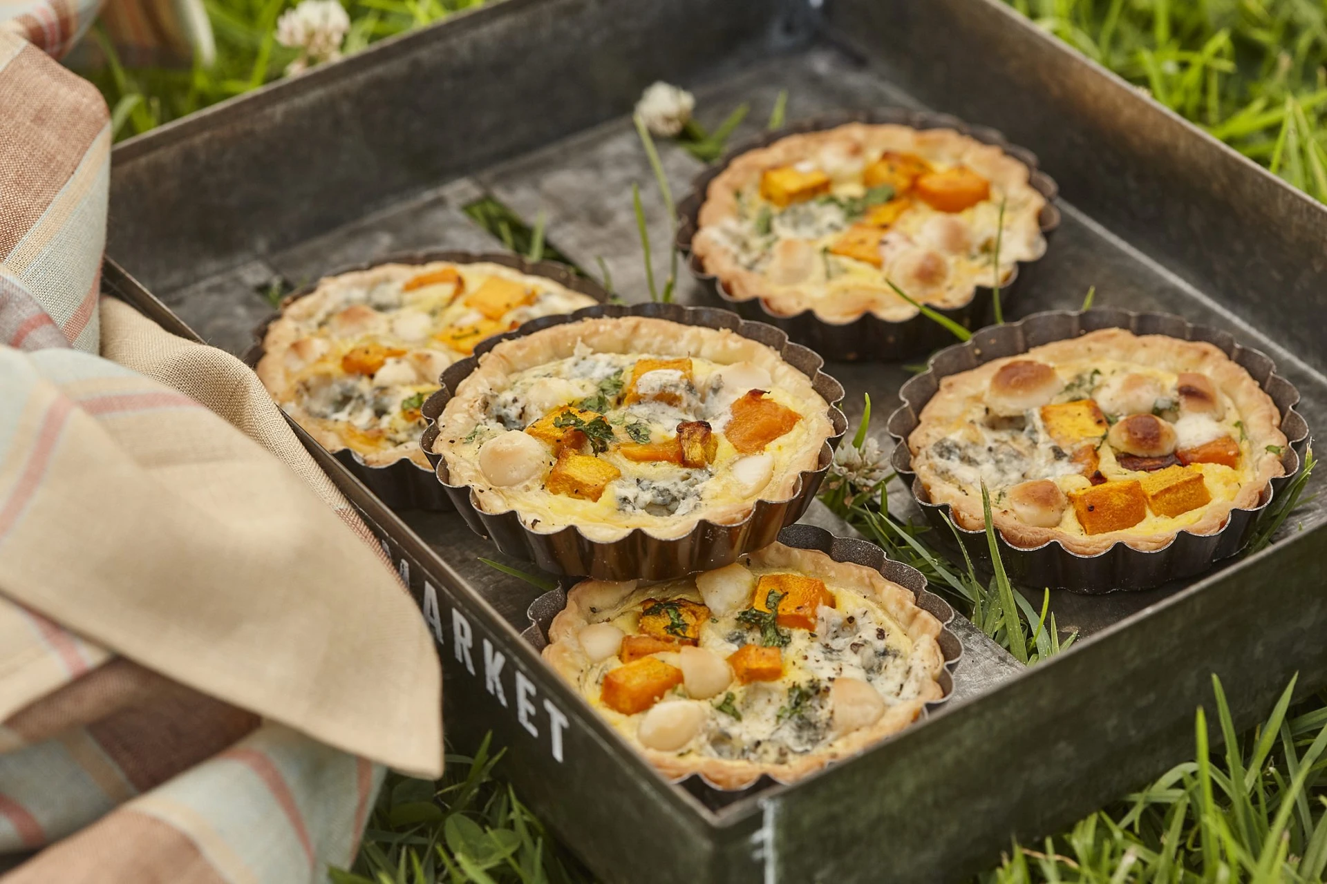 Macadamia, pumpkin and blue cheese tartlets