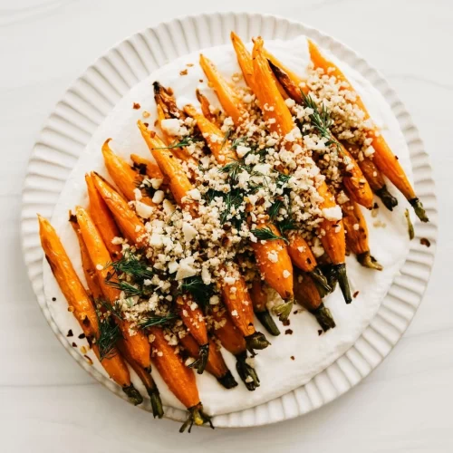 Roasted Carrots with Macadamia Labneh, toasted macadamia nuts and herbs